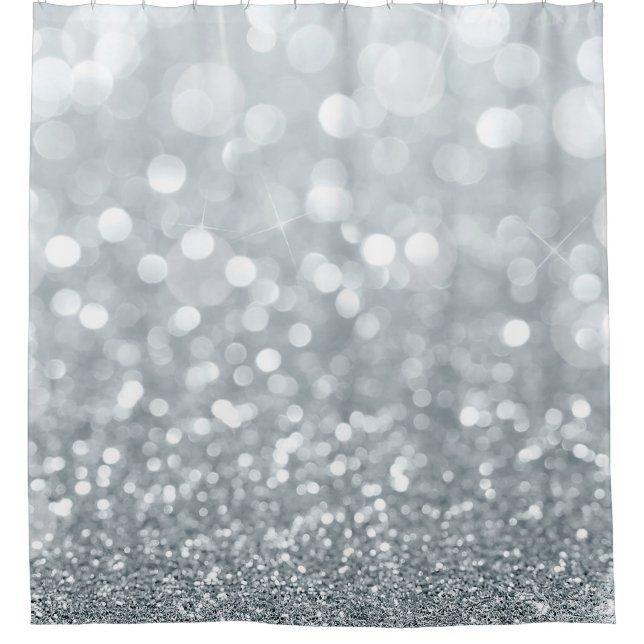 White Silver Glitzer Bokeh Glam Trendy Sparkle Duschvorhang (Vorderseite)