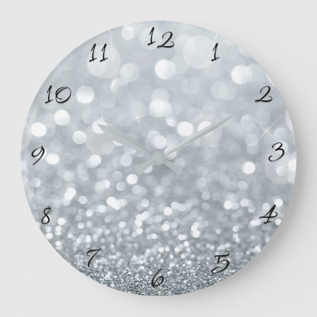 White Silver Glitzer Bokeh Glam Trendy Sparkle Große Wanduhr (Vorderseite)