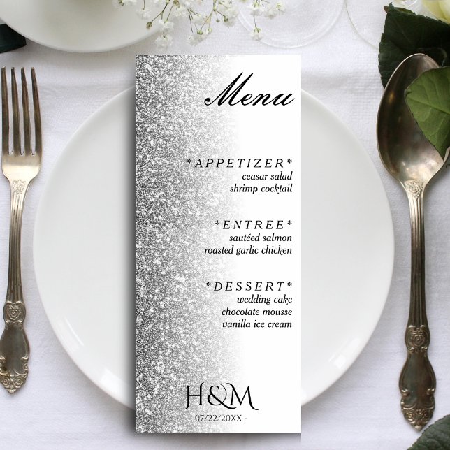 White & Silver Glitzer Dinner Hochzeitsempfang Menükarte (White & Silver Glitter Dinner Wedding Reception Menu)