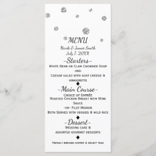 White & Silver Glitzer Dots Modernes Hochzeitsmenü Menükarte
