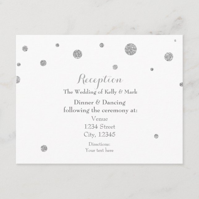 White & Silver Glitzer Dots Wedding Reception Card Begleitkarte (Vorderseite)