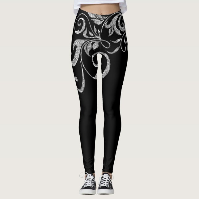 White Silver Glitzer Girly Wirbel Design Leggings (Vorderseite)