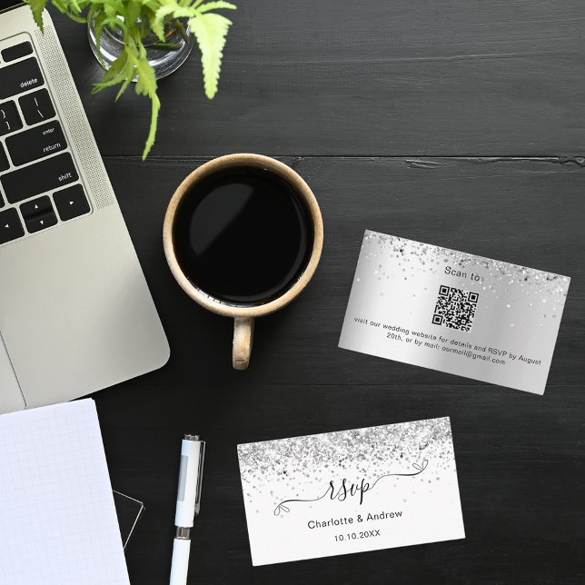 White Silver Glitzer Hochzeitswebsite UAWG QR Code Begleitkarte (Von Creator hochgeladen)