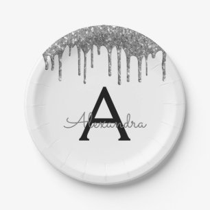 White Silver Glitzer Monogram Birthday Pappteller
