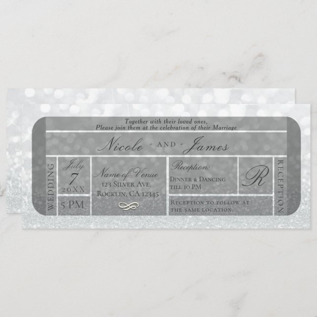White Silver Sparkle Glitzer VIP Ticket Wedding Einladung (Vorne/Hinten)