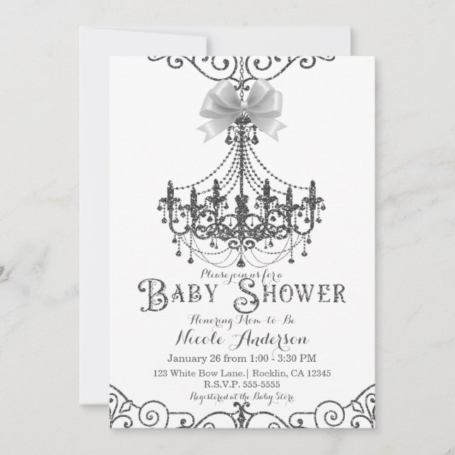 White & Silver White Bow Baby Dusche Einladung (Vorderseite)