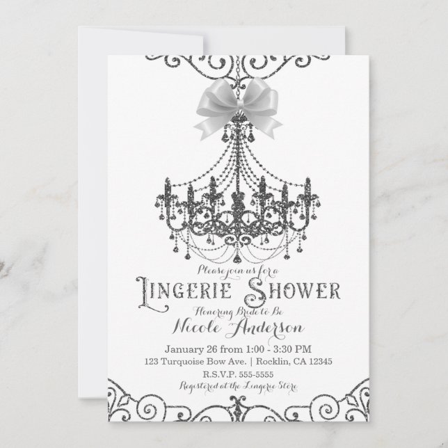 White & Silver White Bow Chic Lingerie Dusche Einladung (Vorderseite)