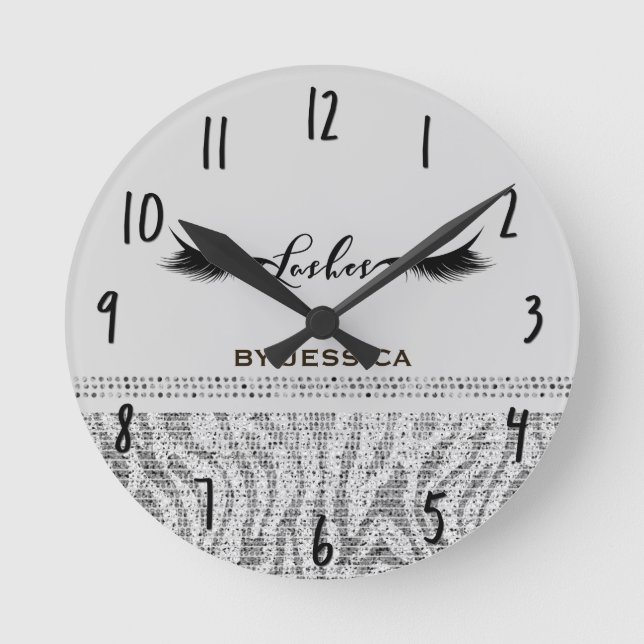 White Silver Zebra Sequins Lashes Personalisiert Runde Wanduhr (Vorderseite)