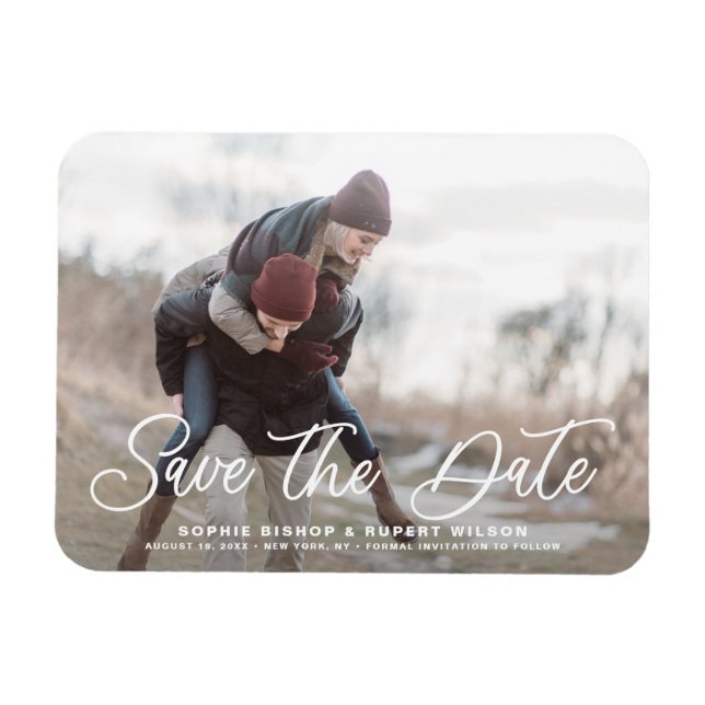 White Simple Calligraphy Save the Date Foto Magnet (Horizontal)