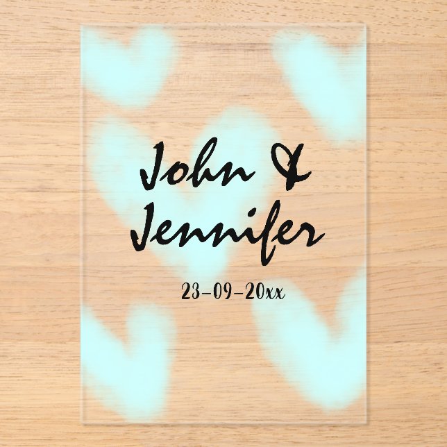 white simple minimal text style wedding blue heart acryleinladungen (Vorderseite)