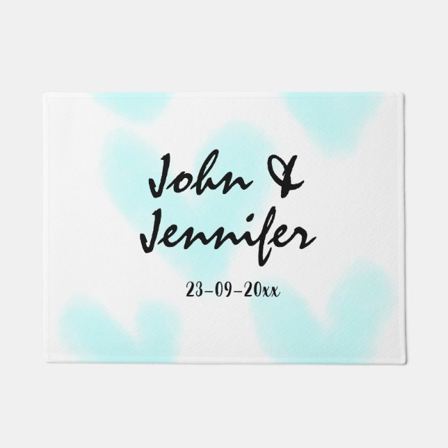white simple minimal text style wedding blue heart fußmatte (Vorderseite)