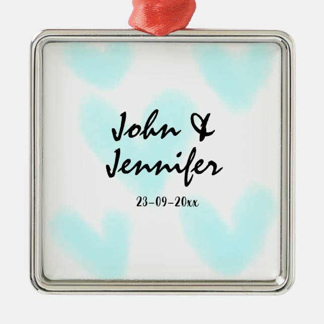 white simple minimal text style wedding blue heart ornament aus metall (Vorne)