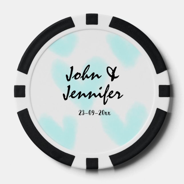 white simple minimal text style wedding blue heart pokerchips (Vorderseite)
