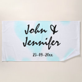 white simple minimal text style wedding blue heart strandtuch