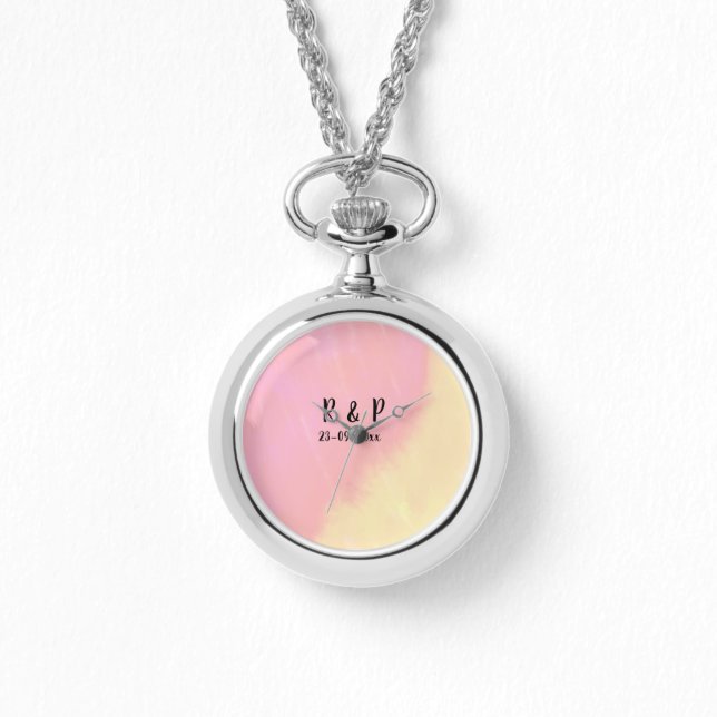 white simple minimal text style wedding pink yello armbanduhr (Vorderseite)