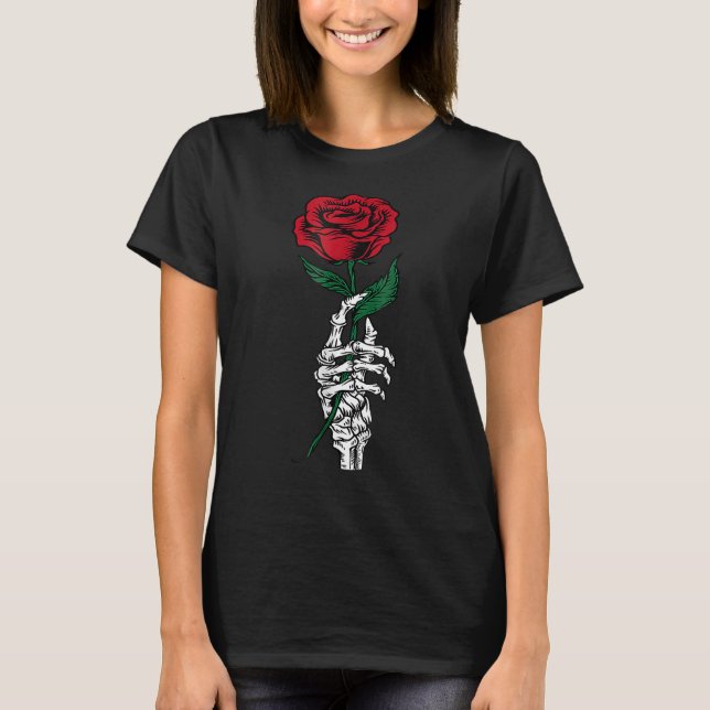 White Skeleton Hand Holding Rose Flower Funny Vale T-Shirt (Vorderseite)