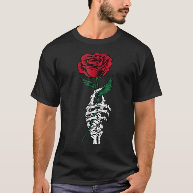 White Skeleton Hand Holding Rose Flower Funny Vale T-Shirt (Vorderseite)