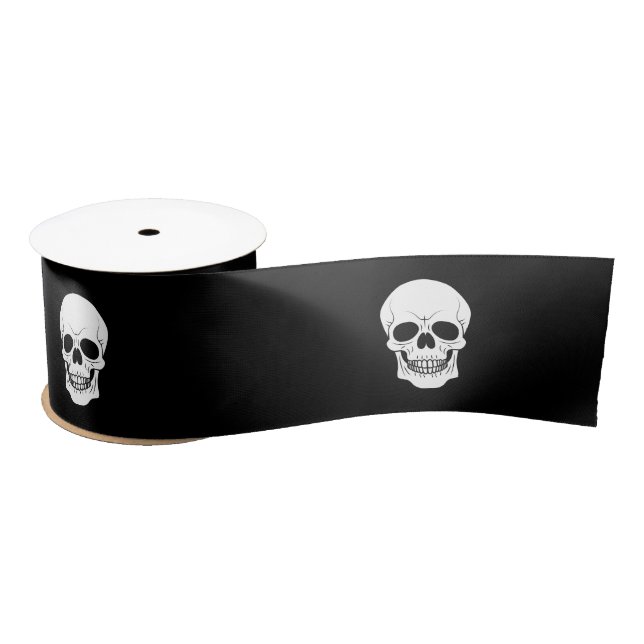 White Skull Head auf Black Simple Modern Halloween Satinband (Spule)
