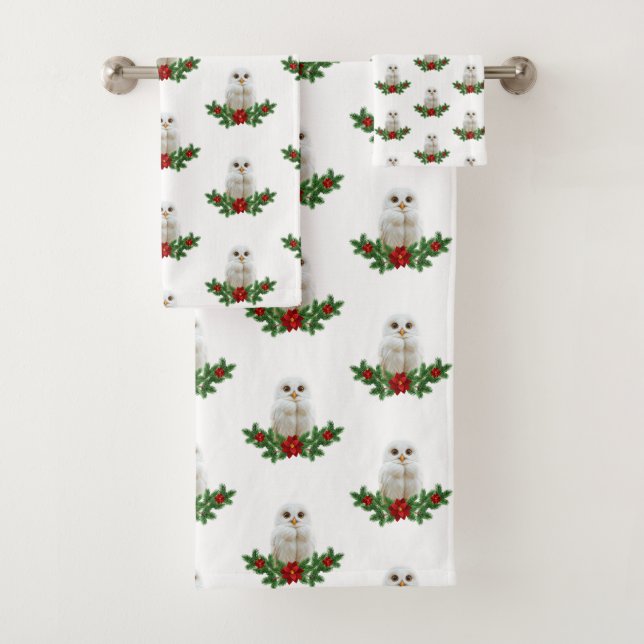 White Snow Christmas Owl Badhandtuch Set (Insitu)
