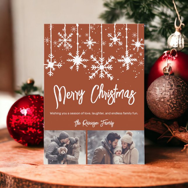 White snow elegant boho merry christmas 2 photos feiertagskarte (White snow elegant boho merry christmas 2 photos holiday card)
