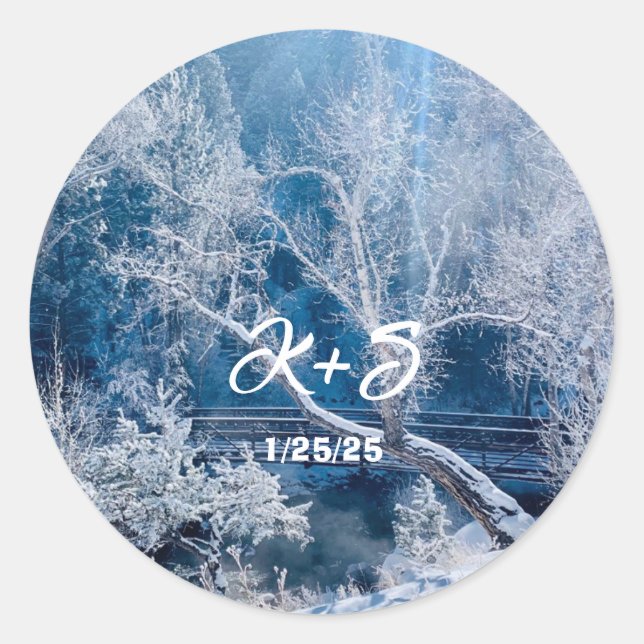White Snow Winter Mountains Bridge Wedding Sticker (Vorderseite)