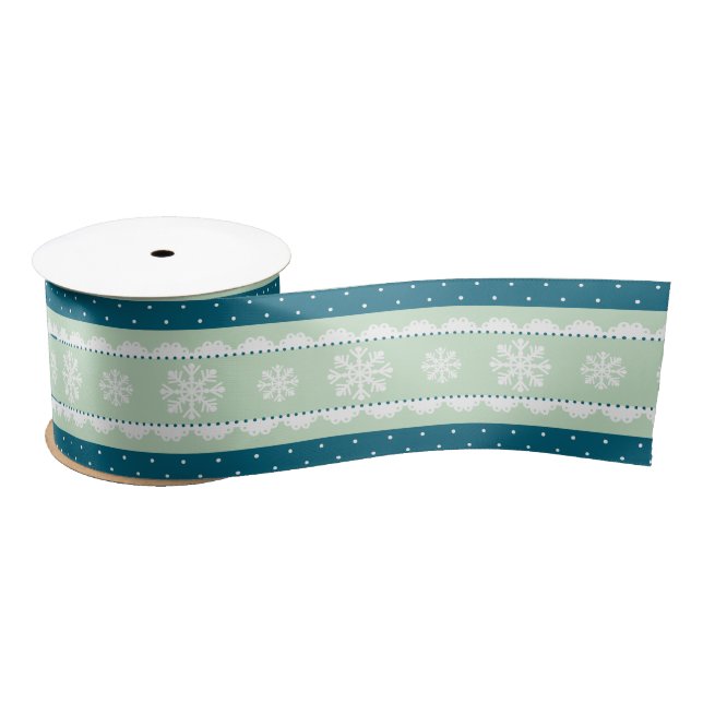 White Snowflake Aquamarin Polka Dot Pattern Satinband (Spule)
