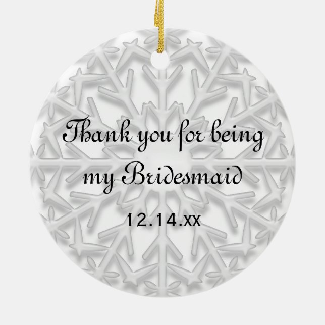 White Snowflake Bridesmaid Danke Foto Keramik Ornament (Hinten)