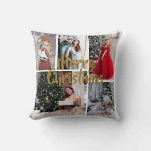 White SnowFlake Gold Merry Christma Foto Collage Kissen