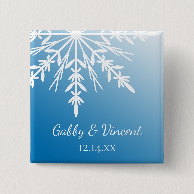 White Snowflake on Blue Winter Wedding Button (Vorderseite)