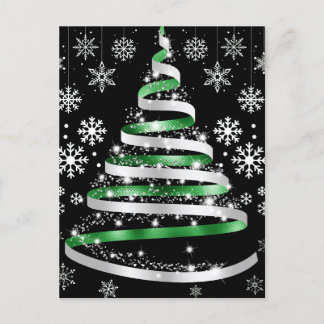 White Snowflake Silver Green Ribbon Christmas Tree Postkarte