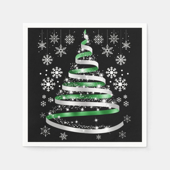 White Snowflake Silver Green Ribbon Christmas Tree Serviette (Vorderseite)
