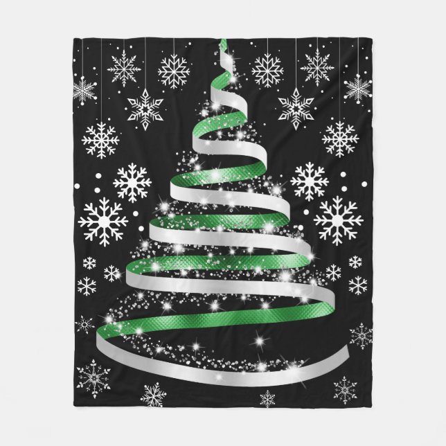 White Snowflake Silver Green Ribbon Weihnachtsbaum Fleecedecke (Vorderseite)