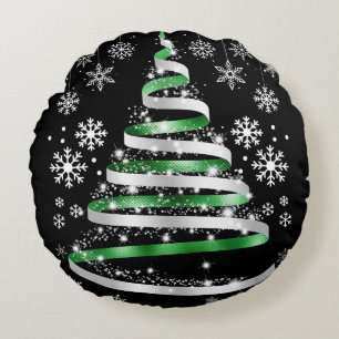 White Snowflake Silver Green Ribbon Weihnachtsbaum Rundes Kissen