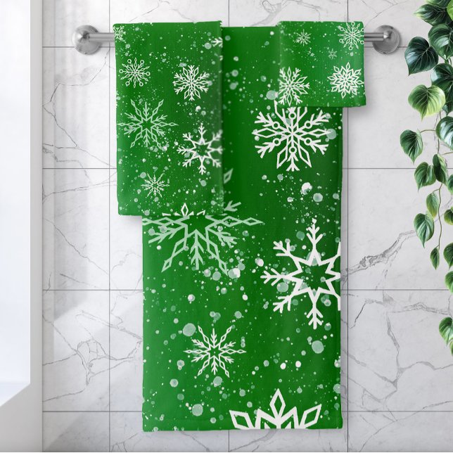 White Snowflakes Emerald Green Badhandtuch Set (Von Creator hochgeladen)