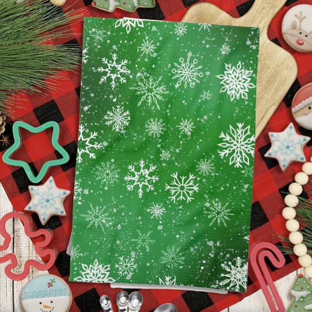White Snowflakes Emerald Green Geschirrtuch (Von Creator hochgeladen)