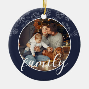 White Snowflakes Family Dark Blue Photo Keramik Ornament