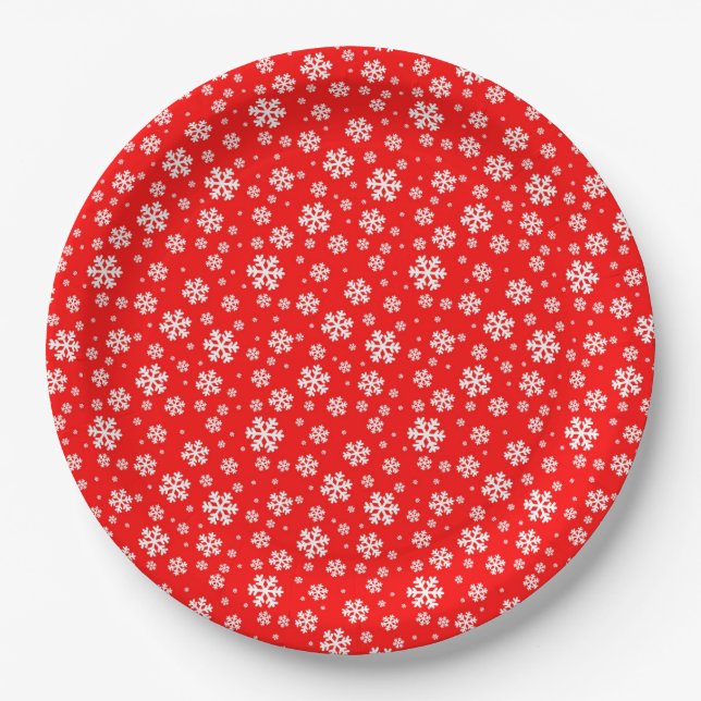 White Snowflakes on Red Winter Pattern Pappteller (Vorderseite)