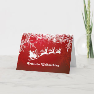 White snowflakes, Santa, reindeers on red German Feiertagskarte