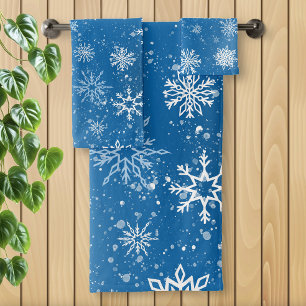 White Snowflakes Sapphire Blue Badhandtuch Set