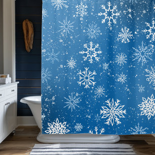 White Snowflakes Sapphire Blue Duschvorhang