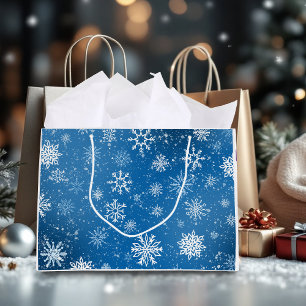 White Snowflakes Sapphire Blue Große Geschenktüte