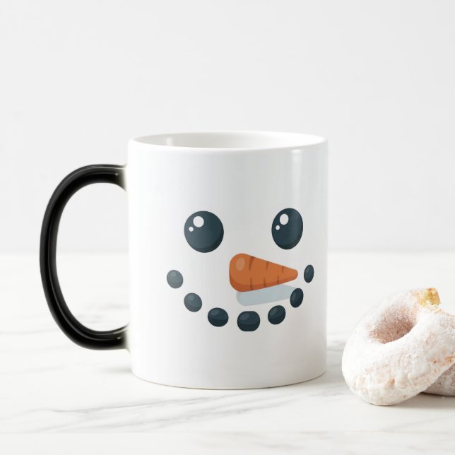 White Snowman Features Carrot Morphing Mug Verwandlungstasse (Mit Donut)