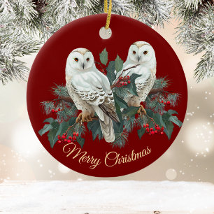 White Snowy Owls in Berries über Burgund Weihnacht Keramik Ornament