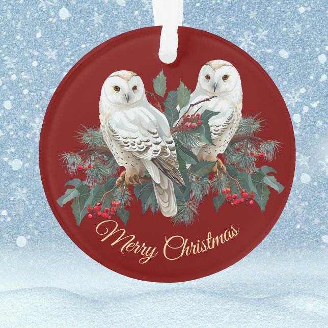 White Snowy Owls in Berries über Burgund Weihnacht Ornament (Von Creator hochgeladen)