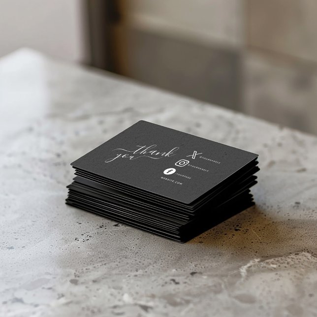 White Social Media Icons Danke Discount Begleitkarte (Black insert card with "thank you" script and white social media icons, message and QR code.)