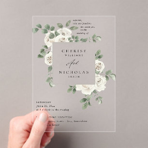 White Soft Floral & Eucalyptus Wedding V2 Acryleinladungen