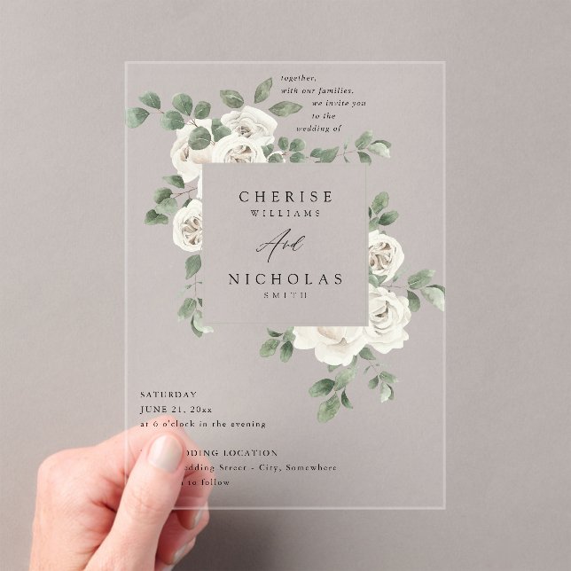 White Soft Floral & Eucalyptus Wedding V2 Acryleinladungen (Insitu (Handheld))