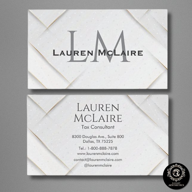 White Sparkle & Gold Accent Monogram Business Card Visitenkarte (Von Creator hochgeladen)