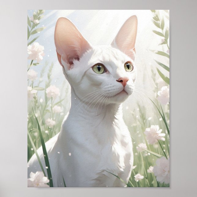 White Sphinx Cat and Flowers Poster (Vorne)