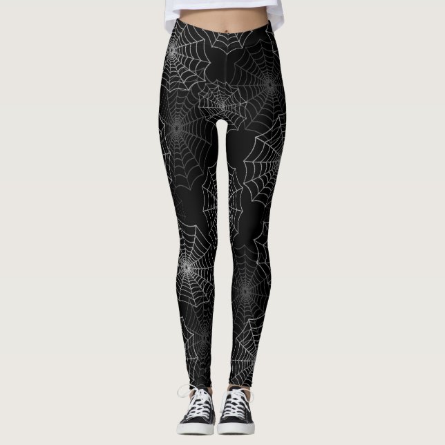 White Spider Web Cobweb Silk Pattern on Black Leggings (Vorderseite)